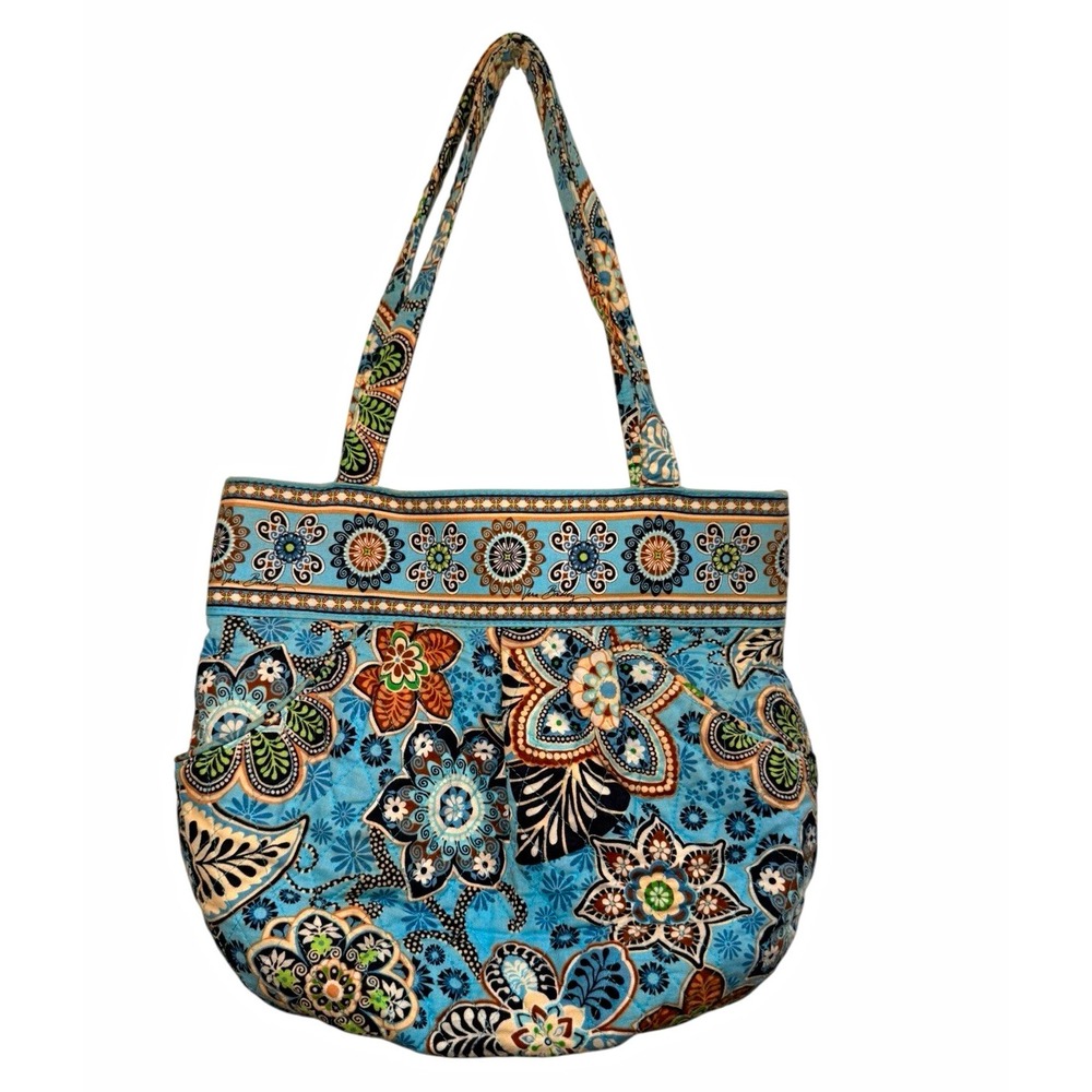 Retired Bali Blue Betsy Vera Bradley Blue Floral Tote Bag Zip 100% Cotton